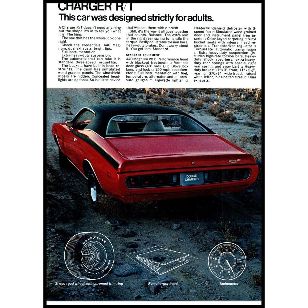 1971 Dodge Charger R/T Vintage Print Ad Muscle Car Beach Taillights Wall Art